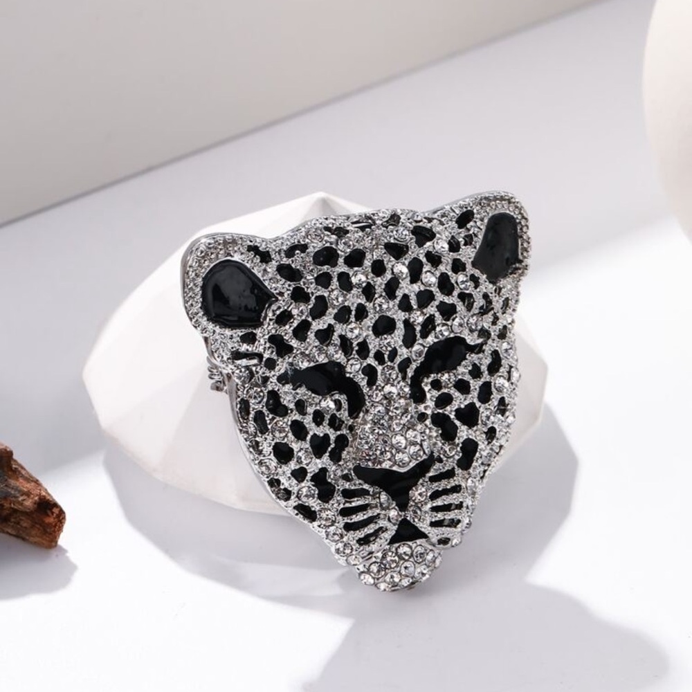 Elegant Silver and Black Panther Brooch, Black and Silver Leopard Brooch
